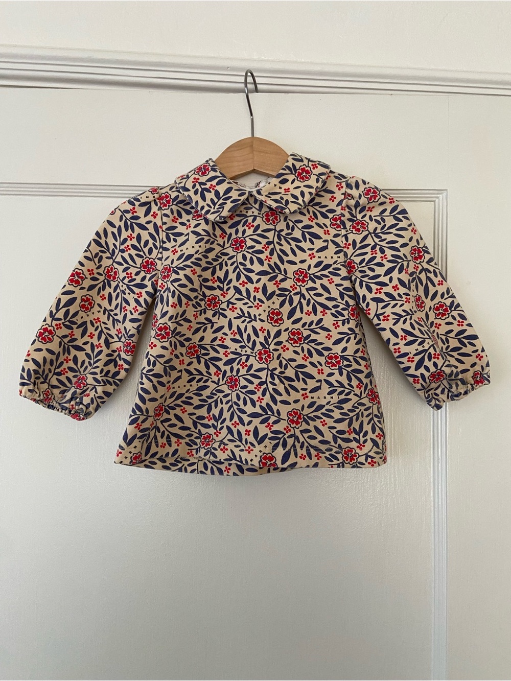 MARNI Kids - Floral Peter Pan Collar Top in Cream and Navy with Red Accents
